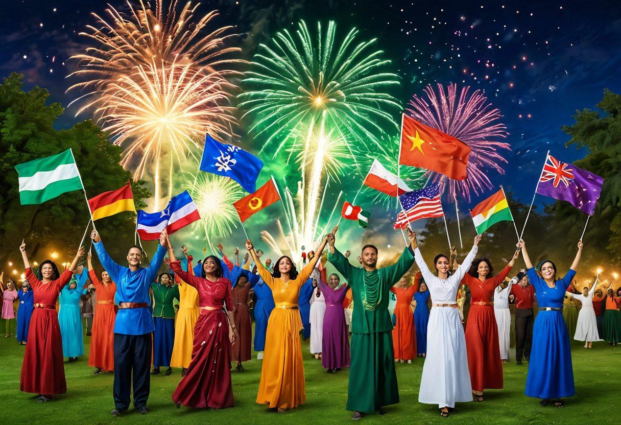 A diverse group of people joyfully celebrating with flags and traditional attire in a lush green park. Vibrant fireworks light up the sky, creating a sense of unity and joy. Include symbols of national pride, like monuments or cultural icons in the background. The atmosphere is festive and uplifting, showcasing togetherness. super-realistic. vibrant colors. 3D.