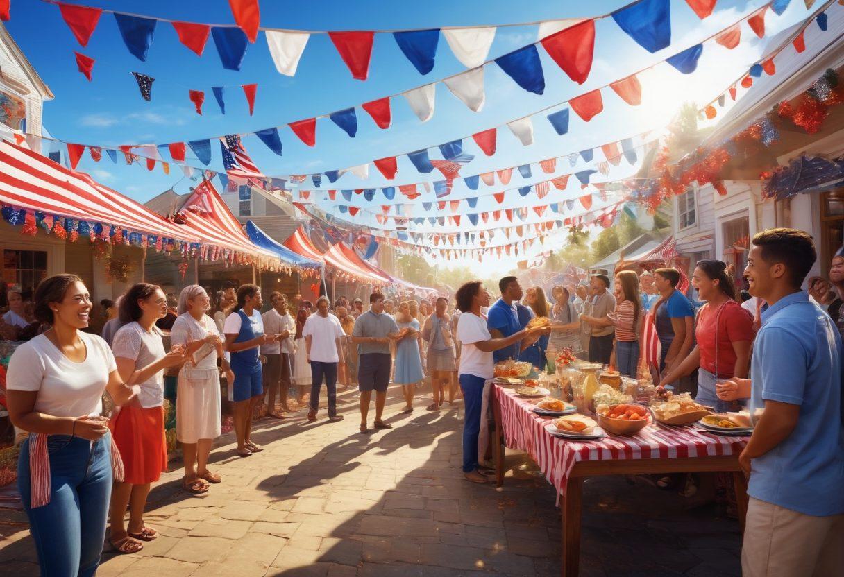 A vibrant and joyful scene depicting people of diverse backgrounds celebrating a patriotic event, surrounded by colorful decorations and flags. Include elements of laughter, music, and traditional foods to emphasize a sense of community and pride. Bright blue skies and soft, warm sunlight creating an inviting atmosphere. super-realistic. vibrant colors. energetic.