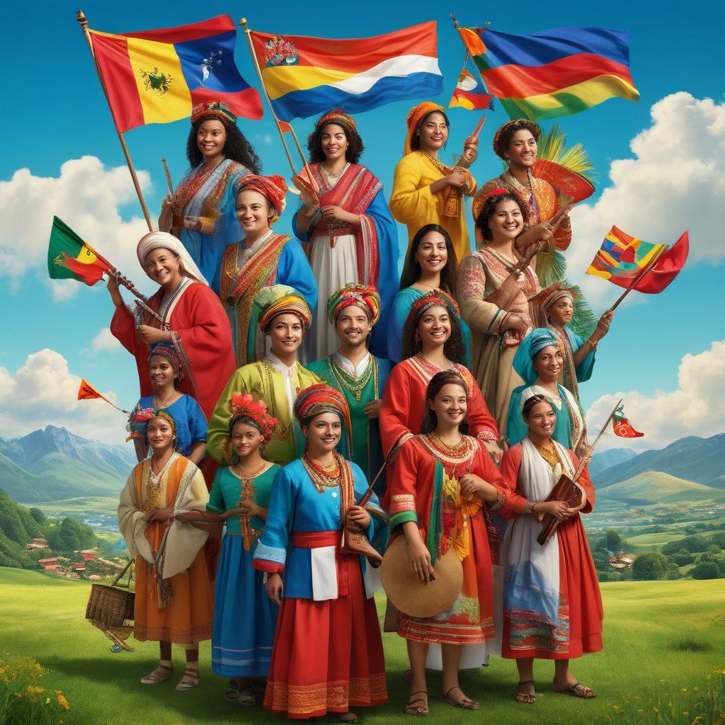 A colorful collage featuring diverse individuals joyfully celebrating their cultures with traditional clothing and symbols of their countries. Include elements like flags, traditional music instruments, local foods, and iconic landmarks. Set in an uplifting outdoor environment with a vibrant blue sky and lush green landscapes, showcasing community and unity in diversity. super-realistic. vibrant colors. 3D.
